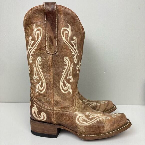 Corral Cortez Distressed Fleur De Lis Embroidered Western Boots Square Toe 6.5 M - Picture 1 of 8